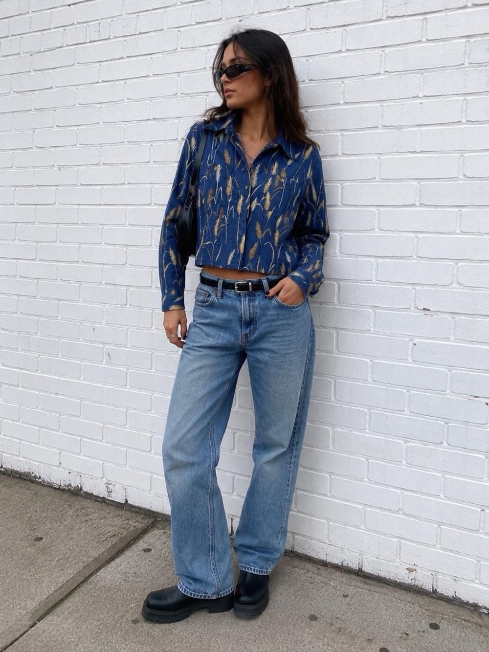 Liz Claiborne Vintage 99’s Denim Button-Down Shirt with Wheat Leaf Print